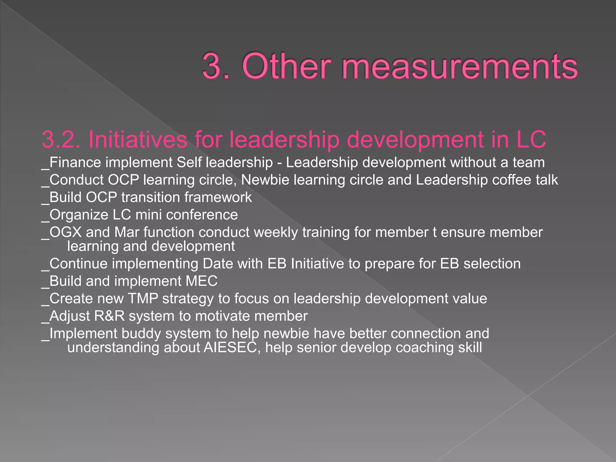 3.2. Initiatives for leadership development in
LC
_Finance implement Self leadership - Leadership development without a
team
_Conduct OCP learning circle, Newbie learning circle and Leadership
coffee talk
_Build OCP transition framework
_Organize LC mini conference
_OGX and Mar function conduct weekly training for member t ensure
member learning and development
_Continue implementing Date with EB Initiative to prepare for EB selection
_Build and implement MEC
_Create new TMP strategy to focus on leadership development value
_Adjust R&R system to motivate member
_Implement buddy system to help newbie have better connection and
understanding about AIESEC, help senior develop coaching skill
 