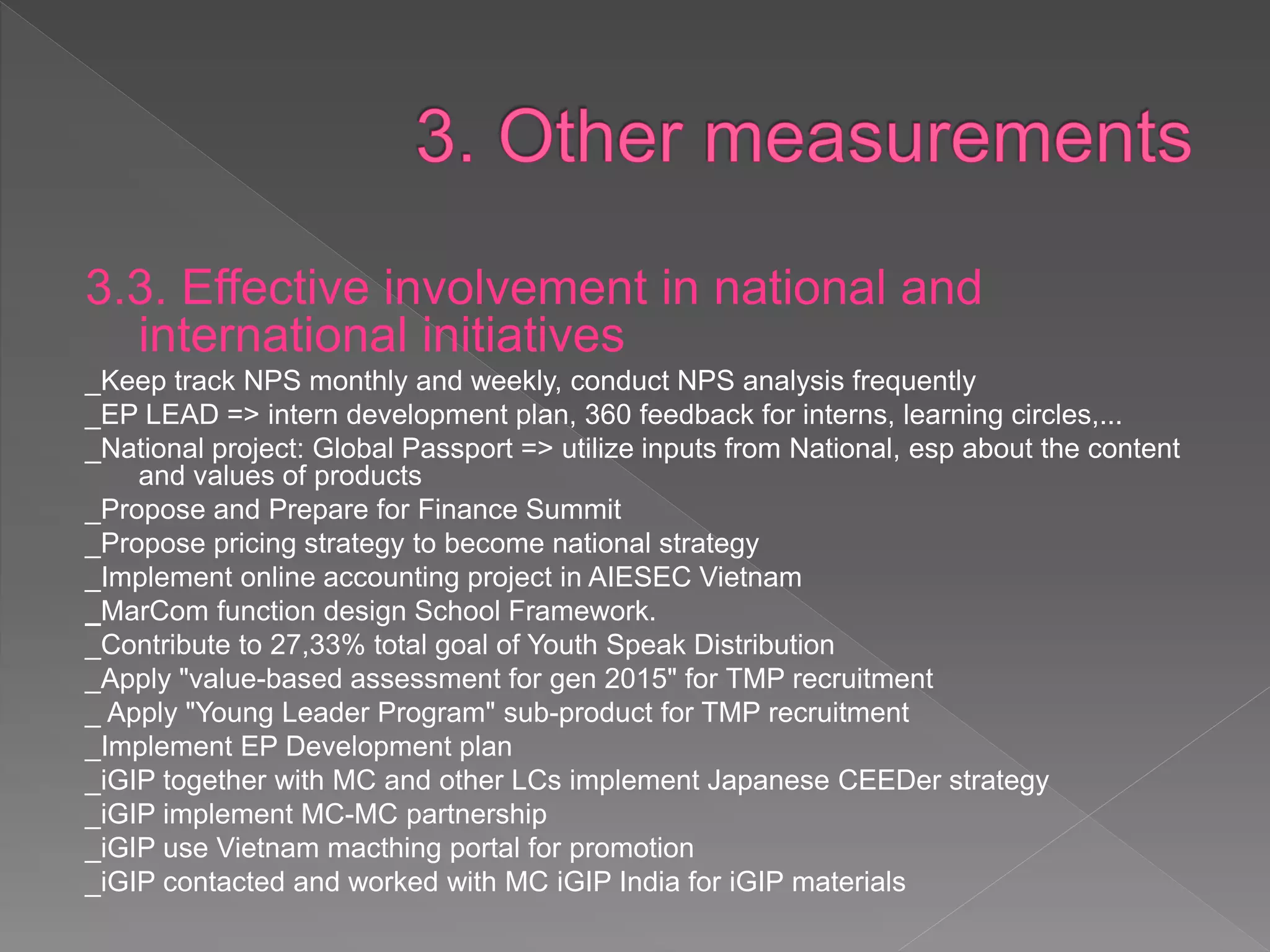 3.3. Effective involvement in national and
international initiatives
_Keep track NPS monthly and weekly, conduct NPS analysis frequently
_EP LEAD => intern development plan, 360 feedback for interns, learning
circles,...
_National project: Global Passport => utilize inputs from National, esp about the
content and values of products
_Propose and Prepare for Finance Summit
_Propose pricing strategy to become national strategy
_Implement online accounting project in AIESEC Vietnam
_MarCom function design School Framework.
_Contribute to 27,33% total goal of Youth Speak Distribution
_Apply "value-based assessment for gen 2015" for TMP recruitment
_ Apply "Young Leader Program" sub-product for TMP recruitment
_Implement EP Development plan
_iGIP together with MC and other LCs implement Japanese CEEDer strategy
_iGIP implement MC-MC partnership
_iGIP use Vietnam macthing portal for promotion
_iGIP contacted and worked with MC iGIP India for iGIP materials
 
