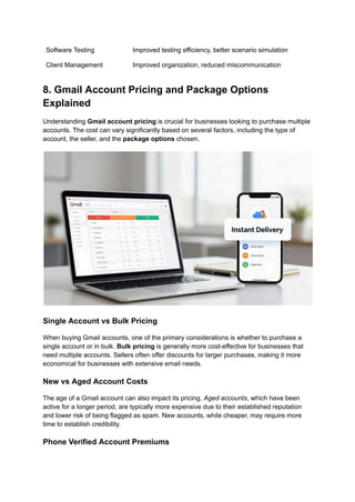 Software Testing Improved testing efficiency, better scenario simulation
Client Management Improved organization, reduced miscommunication
8. Gmail Account Pricing and Package Options
Explained
Understanding Gmail account pricing is crucial for businesses looking to purchase multiple
accounts. The cost can vary significantly based on several factors, including the type of
account, the seller, and the package options chosen.
Single Account vs Bulk Pricing
When buying Gmail accounts, one of the primary considerations is whether to purchase a
single account or in bulk. Bulk pricing is generally more cost-effective for businesses that
need multiple accounts. Sellers often offer discounts for larger purchases, making it more
economical for businesses with extensive email needs.
New vs Aged Account Costs
The age of a Gmail account can also impact its pricing. Aged accounts, which have been
active for a longer period, are typically more expensive due to their established reputation
and lower risk of being flagged as spam. New accounts, while cheaper, may require more
time to establish credibility.
Phone Verified Account Premiums
 