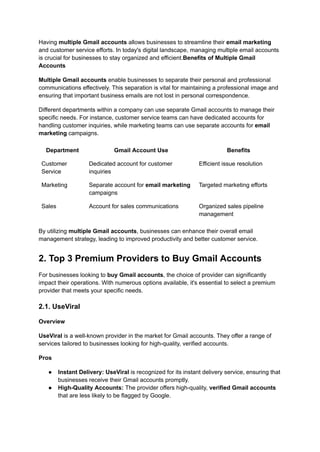 Having multiple Gmail accounts allows businesses to streamline their email marketing
and customer service efforts. In today's digital landscape, managing multiple email accounts
is crucial for businesses to stay organized and efficient.Benefits of Multiple Gmail
Accounts
Multiple Gmail accounts enable businesses to separate their personal and professional
communications effectively. This separation is vital for maintaining a professional image and
ensuring that important business emails are not lost in personal correspondence.
Different departments within a company can use separate Gmail accounts to manage their
specific needs. For instance, customer service teams can have dedicated accounts for
handling customer inquiries, while marketing teams can use separate accounts for email
marketing campaigns.
Department Gmail Account Use Benefits
Customer
Service
Dedicated account for customer
inquiries
Efficient issue resolution
Marketing Separate account for email marketing
campaigns
Targeted marketing efforts
Sales Account for sales communications Organized sales pipeline
management
By utilizing multiple Gmail accounts, businesses can enhance their overall email
management strategy, leading to improved productivity and better customer service.
2. Top 3 Premium Providers to Buy Gmail Accounts
For businesses looking to buy Gmail accounts, the choice of provider can significantly
impact their operations. With numerous options available, it's essential to select a premium
provider that meets your specific needs.
2.1. UseViral
Overview
UseViral is a well-known provider in the market for Gmail accounts. They offer a range of
services tailored to businesses looking for high-quality, verified accounts.
Pros
●​ Instant Delivery: UseViral is recognized for its instant delivery service, ensuring that
businesses receive their Gmail accounts promptly.
●​ High-Quality Accounts: The provider offers high-quality, verified Gmail accounts
that are less likely to be flagged by Google.
 
