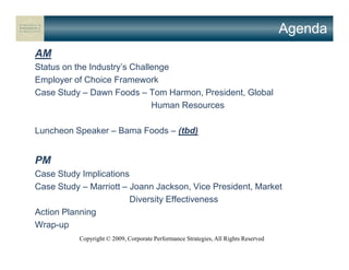 Agenda
AM
Status on the Industry’s Challenge
Employer of Choice Framework
Case Study – Dawn Foods – Tom Harmon, President, Global
                              Human Resources

Luncheon Speaker – Bama Foods – (tbd)


PM
Case Study Implications
Case Study – Marriott – Joann Jackson, Vice President, Market
                        Diversity Effectiveness
Action Planning
Wrap-up
           Copyright © 2009, Corporate Performance Strategies, All Rights Reserved
 