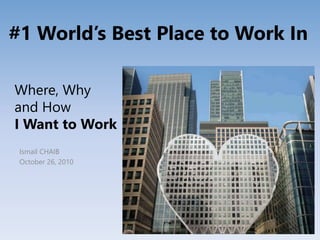 Where, Why
and How
I Want to Work
Ismail CHAIB
October 26, 2010
#1 World’s Best Place to Work In
 