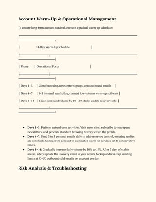 Account Warm-Up & Operational Management
To ensure long-term account survival, execute a gradual warm-up schedule:
┌───────────────────────────────────────────────────────────
──────────────────┐
│ 14-Day Warm-Up Schedule │
├──────────────┬────────────────────────────────────────────
──────────────────┤
│ Phase │ Operational Focus │
├──────────────┼────────────────────────────────────────────
──────────────────┤
│ Days 1–3 │ Silent browsing, newsletter signups, zero outbound emails │
│ Days 4–7 │ 3–5 internal emails/day, connect low-volume warm-up software │
│ Days 8–14 │ Scale outbound volume by 10–15% daily, update recovery info │
└──────────────┴────────────────────────────────────────────
──────────────────┘
●​ Days 1–3: Perform natural user activities. Visit news sites, subscribe to non-spam
newsletters, and generate standard browsing history within the profile.
●​ Days 4–7: Send 3 to 5 personal emails daily to addresses you control, ensuring replies
are sent back. Connect the account to automated warm-up services set to conservative
limits.
●​ Days 8–14: Gradually increase daily volume by 10% to 15%. After 7 days of stable
access, safely update the recovery email to your secure backup address. Cap sending
limits at 30–50 outbound cold emails per account per day.
Risk Analysis & Troubleshooting
 