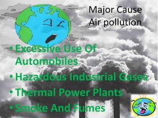 Major Cause
                Air pollution

• Excessive Use Of
  Automobiles
• Hazardous Industrial Gases
• Thermal Power Plants
• Smoke And Fumes
 