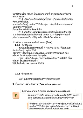 2
วิชาฟิสิกส์ เรื่อง คลื่นกล ชั้นมัธยมศึกษาปีที่ 4 ให้มีประสิทธิภาพตาม
เกณฑ์ 75/75
2.1.2 เพื่อเปรียบเทียบผลสัมฤทธิ์ทางการเรียนของนักเรียนก่อน
เรียนและหลังเรียน
แบบร่วมกันเรียนรู้ เทคนิค TGT ด้วยชุดการสอนที่เน้นกระบวนการแก้
โจทย์ปัญหาวิชาฟิสิกส์
เรื่อง คลื่นกล ชั้นมัธยมศึกษาปีที่ 4
2.1.3 เพื่อศึกษาความพึงพอใจของนักเรียนชั้นมัธยมศึกษาปีที่
4 หลังจากเรียนแบบร่วมกันเรียนรู้ เทคนิค TGT ด้วยชุดการสอนที่
เน้นกระบวนการแก้โจทย์ปัญหาวิชาฟิสิกส์ เรื่อง คลื่นกล
2.2 เป้าหมายของการดำาเนินการ (Goal)
2.2.1 เชิงปริมาณ
-นักเรียนชั้นมัธยมศึกษาปีที่ 4 จำานวน 40 คน ที่เรียนแบบ
ร่วมกันเรียนรู้ เทคนิค TGT
ด้วยชุดการสอนที่เน้นกระบวนการแก้โจทย์ปัญหาวิชาฟิสิกส์ เรื่อง
คลื่นกล มีผลสัมฤทธิ์ทางการเรียนสูงขึ้น
-ชุดการสอนที่เน้นกระบวนการแก้โจทย์ปัญหาวิชาฟิสิกส์ เรื่อง
คลื่นกล ชั้นมัธยมศึกษาปีที่ 4
ให้มีประสิทธิภาพตามเกณฑ์ 75/75
2.2.2 เชิงคุณภาพ
-นักเรียนมีความพึงพอใจต่อการเรียนวิชาฟิสิกส์
3. ขั้นตอนการดำาเนินงาน (Production process)
PP
DD
นักเรียนเรียนรู้ผ่านกิจกรรมการเรียนรู้แบบร่วมมือกันเรียนรู้
เทคนิค TGT ด้วยชุดการสอนที่เน้นกระบวนการแก้โจทย์
ปัญหาวิชาฟิสิกส์ เรื่อง คลื่นกล จำานวน 7 เล่ม
ออกแบบการจัดกิจกรรมแบบร่วมมือ เทคนิค TGT ชุดการ
สอน แบบประเมินผลสัมฤทธิ์ และแบบประเมินความพึง
พอใจ
วิเคราะห์/ออกแบบ/ปรับปรุง และพัฒนาแผนการจัดการ
เรียนรู้ และชุดการสอน
 