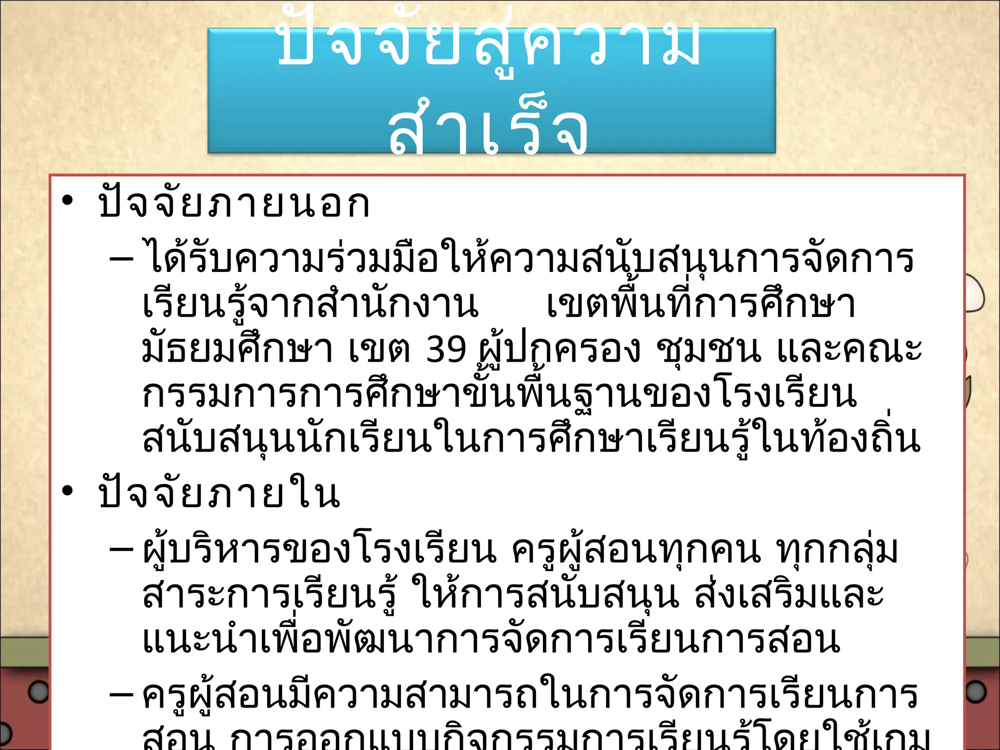 ปัจจัยสู่ความ
สำาเร็จ
• ปัจจัยภายนอก
– ได้รับความร่วมมือให้ความสนับสนุนการจัดการ
เรียนรู้จากสำานักงาน เขตพื้นที่การศึกษา
มัธยมศึกษา เขต 39 ผู้ปกครอง ชุมชน และคณะ
กรรมการการศึกษาขั้นพื้นฐานของโรงเรียน
สนับสนุนนักเรียนในการศึกษาเรียนรู้ในท้องถิ่น
• ปัจจัยภายใน
– ผู้บริหารของโรงเรียน ครูผู้สอนทุกคน ทุกกลุ่ม
สาระการเรียนรู้ ให้การสนับสนุน ส่งเสริมและ
แนะนำาเพื่อพัฒนาการจัดการเรียนการสอน
– ครูผู้สอนมีความสามารถในการจัดการเรียนการ
 