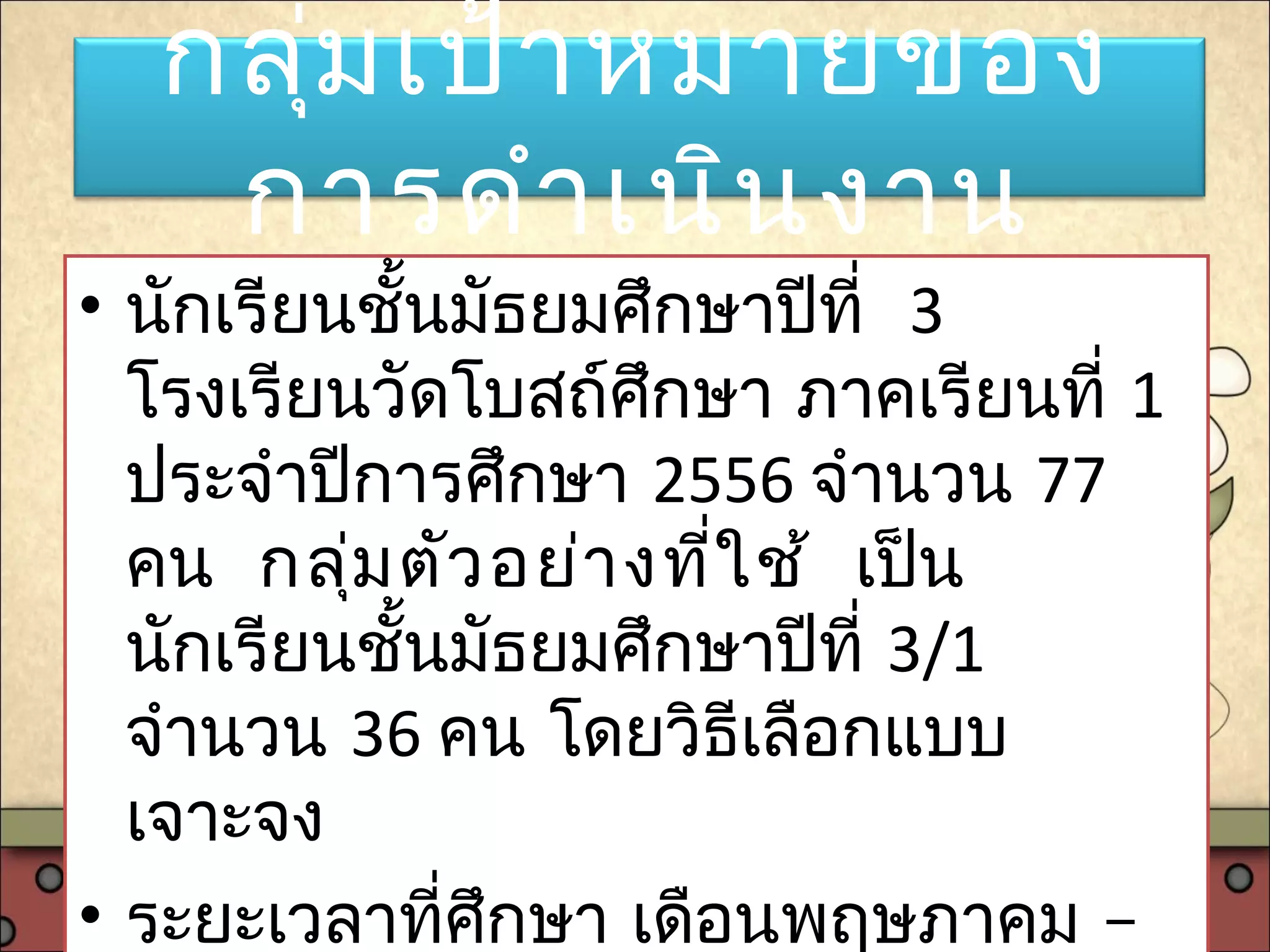 กลุ่มเป้าหมายของ
การดำาเนินงาน
• นักเรียนชั้นมัธยมศึกษาปีที่ 3
โรงเรียนวัดโบสถ์ศึกษา ภาคเรียนที่ 1
ประจำาปีการศึกษา 2556 จำานวน 77
คน กลุ่มตัวอย่างที่ใช้ เป็น
นักเรียนชั้นมัธยมศึกษาปีที่ 3/1
จำานวน 36 คน โดยวิธีเลือกแบบ
เจาะจง
• ระยะเวลาที่ศึกษา เดือนพฤษภาคม –
 