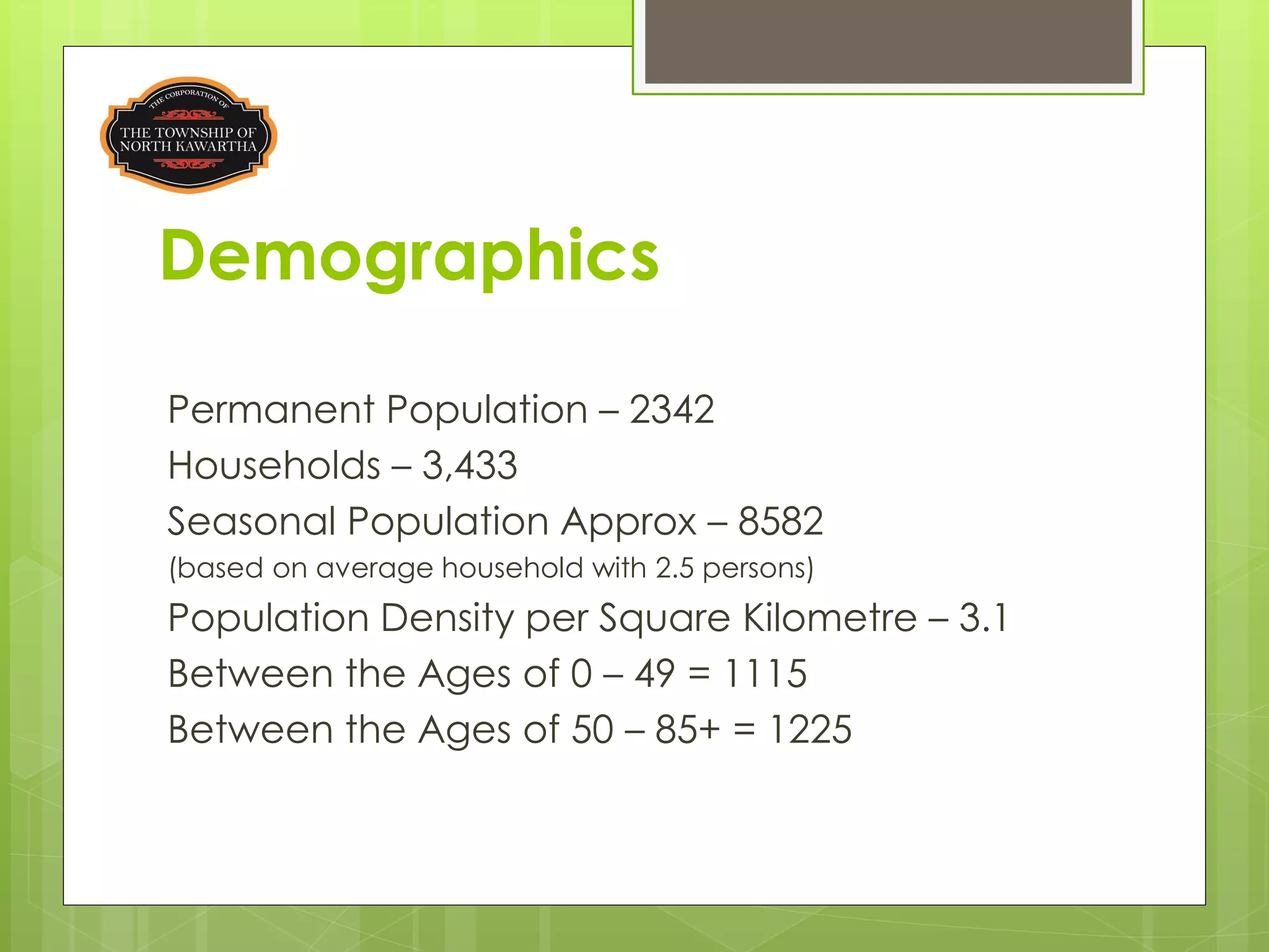 Demographics

Permanent Population – 2342
Households – 3,433
Seasonal Population Approx – 8582
(based on average household with 2.5 persons)
Population Density per Square Kilometre – 3.1
Between the Ages of 0 – 49 = 1115
Between the Ages of 50 – 85+ = 1225
 