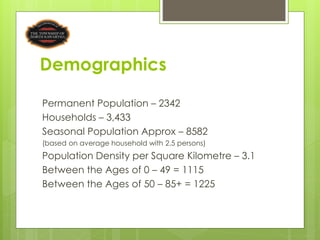 Demographics

Permanent Population – 2342
Households – 3,433
Seasonal Population Approx – 8582
(based on average household...