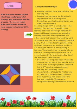 What steps were taken to deal
with these challenges/ what
strategy was used/ how was the
process, who was involved/
What resources or materials
were needed to implement this
strategy
Prepare students to be able to follow the
learning well.
Prepare internet quota for the smooth
implementation of learning zoom.
Designing a learning implementation plan
(teaching document)
Determine learning models and methods
that are appropriate to the material and to
achieve the learning objectives specified
in the RPP which are student center
learning and according to the
characteristics of students. The learning
model for this material is PBL (Problem
Based Learning) with the cooperative
learning type CIRC (Cooperative
Integrated Reading Composition) method.
Learning design (RPP) is an indicator of the
success of an educator's teaching and
learning activities. RPP design contains the
ideas and ideas of an educator regarding
learning methods, learning content, and
other elements that are in it when they want
to organize learning. If the RPP design is made
poorly, it will result in teaching and learning
activities being unstructured and students
not having an interest in participating in
learning. Therefore it is very important for an
educator to design lesson plans that are in
accordance with the structure and syntax of
the learning model to be used.
Action A. Steps to face challenges
 