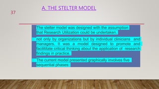 A. THE STELTER MODEL
The stelter model was designed with the assumption
that Research Utilization could be undertaken.
not only by organizations but by individual clinicians and
managers. It was a model designed to promote and
facilititate critical thinking about the application of research
findings in practice.
The current model presented graphically involves five
sequential phases:
37
 