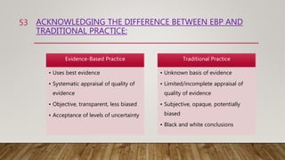 ACKNOWLEDGING THE DIFFERENCE BETWEEN EBP AND
TRADITIONAL PRACTICE:
Evidence-Based Practice
• Uses best evidence
• Systematic appraisal of quality of
evidence
• Objective, transparent, less biased
• Acceptance of levels of uncertainty
Traditional Practice
• Unknown basis of evidence
• Limited/incomplete appraisal of
quality of evidence
• Subjective, opaque, potentially
biased
• Black and white conclusions
53
 
