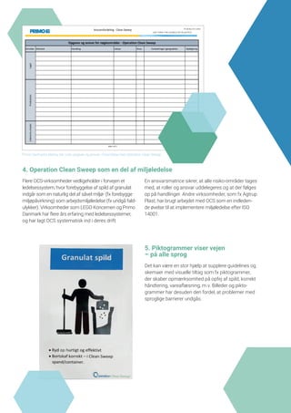 Ansvarsfordeling - Clean Sweep PF-183 Rev. 07.11.2018
Område Aktivitet Handling Udstyr Ansv. Forbedringer igangsættes Opfølgning
UdenomsarealerProduktionLager
Opgaver og ansvar for nøgleområder - Operation Clean Sweep
side 1 af 1
4. Operation Clean Sweep som en del af miljøledelse
Flere OCS-virksomheder vedligeholder i forvejen et
ledelsessystem, hvor forebyggelse af spild af granulat
indgår som en naturlig del af såvel miljø- (fx forebygge
miljøpåvirkning) som arbejdsmiljøledelse (fx undgå fald-
ulykker). Virksomheder som LEGO Koncernen og Primo
Danmark har flere års erfaring med ledelsessystemer,
og har lagt OCS systematisk ind i deres drift.
En ansvarsmatrice sikrer, at alle risiko-områder tages
med, at roller og ansvar uddelegeres og at der følges
op på handlinger. Andre virksomheder, som fx Agtrup
Plast, har brugt arbejdet med OCS som en indleden-
de øvelse til at implementere miljøledelse efter ISO
14001.
5. Piktogrammer viser vejen
– på alle sprog
Det kan være en stor hjælp at supplere guidelines og
skemaer med visuelle tiltag som fx piktogrammer,
der skaber opmærksomhed på opfej af spild, korrekt
håndtering, vareaflæsning, m.v. Billeder og pikto-
grammer har desuden den fordel, at problemer med
sproglige barrierer undgås.
Primo Danmarks skema, der viser opgaver og ansvar i forbindelse med Operation Clean Sweep
 