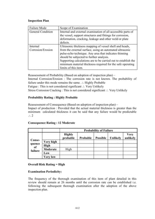 A12
Inspection Plan
Failure Mode Scope of Examination
General Condition Internal and external examination of all accessible parts of
the vessel, support structures and fittings for corrosion,
deformation, cracking, leakage and other weld or plate
defects.
Internal
Corrosion/Erosion
Ultrasonic thickness mapping of vessel shell and heads,
from the external surface, using an automated ultrasonic
pulse-echo technique. Any area that indicates thinning
should be subjected to further analysis.
Supporting calculations are to be carried out to establish the
minimum material thickness required for the safe operating
limits of this item.
Reassessment of Probability (Based on adoption of inspection plan) –
Internal Corrosion/Erosion : The corrosion rate is not known. The probability of
failure under this mode remains the same. ∴ Highly Probable
Fatigue : This is not considered significant ∴ Very Unlikely
Stress Corrosion Cracking : This is not considered significant ∴ Very Unlikely
Probability Rating : Highly Probable
Reassessment of Consequence (Based on adoption of inspection plan) –
Impact of production : Provided that the actual material thickness is greater than the
minimum calculated thickness it can be said that any failure would be predictable
∴ 2
Consequence Rating : 12 Moderate
Probability of Failure
Highly
probable Probable Possible Unlikely
Very
unlikely
Very high
High
Moderate High
Low
Conse-
quence
of
failure
Very low
Overall Risk Rating = High
Examination Periodicity:
The frequency of the thorough examination of this item of plant detailed in this
review should remain at 26 months until the corrosion rate can be established i.e.
following the subsequent thorough examination after the adoption of the above
inspection plan.
 