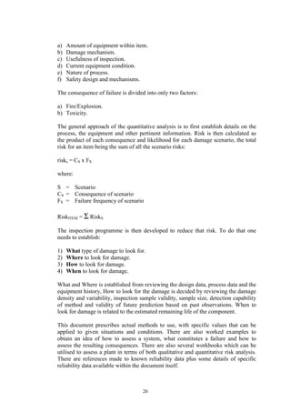 20
a) Amount of equipment within item.
b) Damage mechanism.
c) Usefulness of inspection.
d) Current equipment condition.
e) Nature of process.
f) Safety design and mechanisms.
The consequence of failure is divided into only two factors:
a) Fire/Explosion.
b) Toxicity.
The general approach of the quantitative analysis is to first establish details on the
process, the equipment and other pertinent information. Risk is then calculated as
the product of each consequence and likelihood for each damage scenario, the total
risk for an item being the sum of all the scenario risks:
risks = CS x FS
where:
S = Scenario
CS = Consequence of scenario
FS = Failure frequency of scenario
RiskITEM = Σ RiskS
The inspection programme is then developed to reduce that risk. To do that one
needs to establish:
1) What type of damage to look for.
2) Where to look for damage.
3) How to look for damage.
4) When to look for damage.
What and Where is established from reviewing the design data, process data and the
equipment history, How to look for the damage is decided by reviewing the damage
density and variability, inspection sample validity, sample size, detection capability
of method and validity of future prediction based on past observations. When to
look for damage is related to the estimated remaining life of the component.
This document prescribes actual methods to use, with specific values that can be
applied to given situations and conditions. There are also worked examples to
obtain an idea of how to assess a system, what constitutes a failure and how to
assess the resulting consequences. There are also several workbooks which can be
utilised to assess a plant in terms of both qualitative and quantitative risk analysis.
There are references made to known reliability data plus some details of specific
reliability data available within the document itself.
 