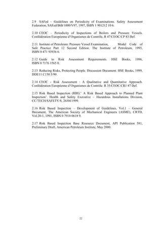 22
2.9 SAFed – Guidelines on Periodicity of Examinations. Safety Assessment
Federation, SAFed/BtB/1000/V97, 1997, ISBN 1 901212 10 6.
2.10 CEOC – Periodicity of Inspections of Boilers and Pressure Vessels.
Confédération Européenne d’Organismes de Contrôle, R 47/CEOC/CP 83 Def.
2.11 Institute of Petroleum: Pressure Vessel Examination, Model Code of
Safe Practice Part 12 Second Edition. The Institute of Petroleum, 1993,
ISBN 0 471 93936 6.
2.12 Guide to Risk Assessment Requirements. HSE Books, 1996,
ISBN 0 7176 1565 0.
2.13 Reducing Risks, Protecting People. Discussion Document. HSE Books, 1999,
DDE11 C150 5/99.
2.14 CEOC - Risk Assessment : A Qualitative and Quantitative Approach.
Confédération Européenne d’Organismes de Contrôle. R 35/CEOC/CR1 87 Def.
2.15 Risk Based Inspection (RBI):’ A Risk Based Approach to Planned Plant
Inspection’. Health and Safety Executive – Hazardous Installations Division,
CC/TECH/SAFETY/8, 26/04/1999.
2.16 Risk Based Inspection – Development of Guidelines, Vol.1 – General
Document, The American Society of Mechanical Engineers (ASME), CRTD,
Vol.20-1, 1991, ISBN 0 7918 0618 9.
2.17 Risk Based Inspection Base Resource Document, API Publication 581,
Preliminary Draft, American Petroleum Institute, May 2000.
 