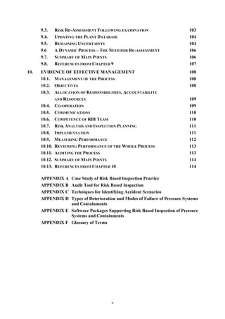 v
9.3. RISK RE-ASSESSMENT FOLLOWING EXAMINATION 103
9.4. UPDATING THE PLANT DATABASE 104
9.5. REMAINING UNCERTAINTY 104
9.6 A DYNAMIC PROCESS – THE NEED FOR RE-ASSESSMENT 106
9.7. SUMMARY OF MAIN POINTS 106
9.8. REFERENCES FROM CHAPTER 9 107
10. EVIDENCE OF EFFECTIVE MANAGEMENT 108
10.1. MANAGEMENT OF THE PROCESS 108
10.2. OBJECTIVES 108
10.3. ALLOCATION OF RESPONSIBILITIES, ACCOUNTABILITY
AND RESOURCES 109
10.4. CO-OPERATION 109
10.5. COMMUNICATIONS 110
10.6. COMPETENCE OF RBI TEAM 110
10.7. RISK ANALYSIS AND INSPECTION PLANNING 111
10.8. IMPLEMENTATION 111
10.9. MEASURING PERFORMANCE 112
10.10. REVIEWING PERFORMANCE OF THE WHOLE PROCESS 113
10.11. AUDITING THE PROCESS 113
10.12. SUMMARY OF MAIN POINTS 114
10.13. REFERENCES FROM CHAPTER 10 114
APPENDIX A Case Study of Risk Based Inspection Practice
APPENDIX B Audit Tool for Risk Based Inspection
APPENDIX C Techniques for Identifying Accident Scenarios
APPENDIX D Types of Deterioration and Modes of Failure of Pressure Systems
and Containments
APPENDIX E Software Packages Supporting Risk Based Inspection of Pressure
Systems and Containments
APPENDIX F Glossary of Terms
 