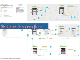 Sketches & screen ﬂow
http://wireframes.linowski.ca/tag/user-flow/
 