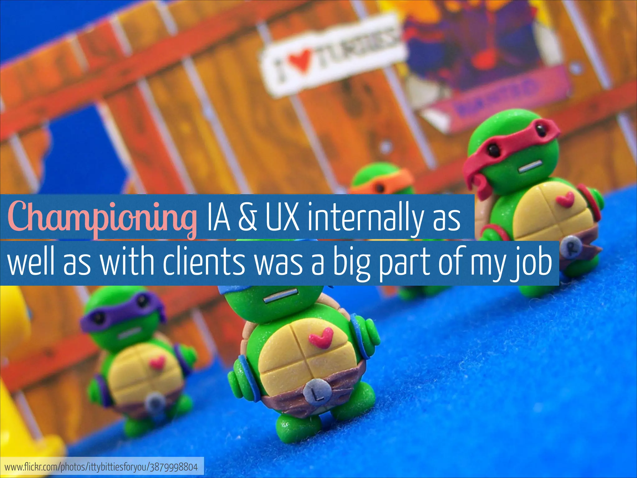 Championing IA & UX internally as  
well as with clients was a big part of my job

www.flickr.com/photos/ittybittiesforyou/3879998804

 