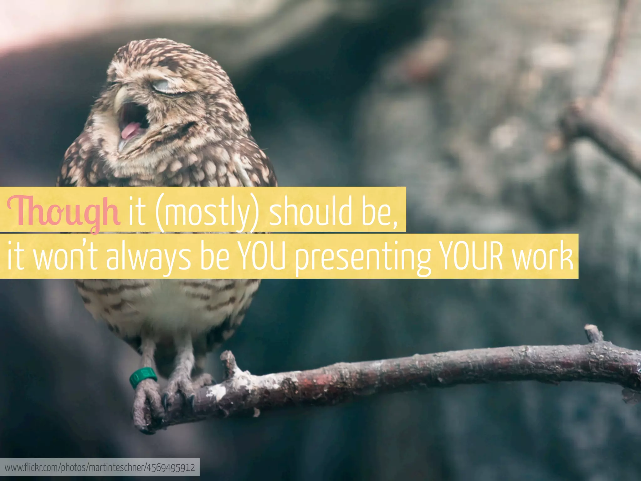 6-0.+ it (mostly) should be,
it won’t always be YOU presenting YOUR work

www.flickr.com/photos/martinteschner/4569495912

 