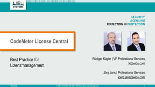 Best Practice für
Lizenzmanagement
Rüdiger Kügler | VP Professional Services
rk@wibu.com
Jörg Jans | Professional Services...