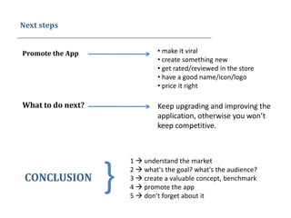 Next steps
Promote the App
What to do next? Keep upgrading and improving the
application, otherwise you won’t
keep competitive.
• make it viral
• create something new
• get rated/reviewed in the store
• have a good name/icon/logo
• price it right
CONCLUSION
1  understand the market
2  what's the goal? what's the audience?
3  create a valuable concept, benchmark
4  promote the app
5  don’t forget about it
}
 
