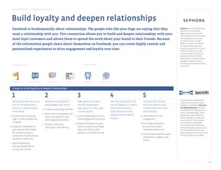 Best Practice Guide > Facebook by Objective
           Pages                       Facebook Ads       Sponsored Stories    Questions                    Events               Graph API        Apps on Facebook       Social Plugins




      Build loyalty and deepen relationships
drive preference and differentiation




       Facebook is fundamentally about relationships. The people who like your Page are saying that they                                                                                                      Sephora uses the publishing
                                                                                                                                                                                                              feature on its Facebook
       want a relationship with you. ThisSocial Plugins
            Pages         Facebook Ads Questions
                                                 connection allows you Graph API
                                                          Apps on Facebook
                                                                           to build and deepen relationships with your                                                                                        Page extensively to foster
                                                                                                                                                                                                              conversations with its clients.
       most loyal customers and allows them to spread the word about your brand to their friends. Because                                                                                                     The company has created
                                                                                                                                                                                                              an Offers tab on its Page
increase trafﬁc and sales
       of the information people share about themselves on Facebook, you can create highly custom and                                                                                                         where fans get information
                                                                                                                                                                                                              on special deals. Sephora
       personalized experiences to drive engagement and loyalty over time.                                                                                                                                    uses the Graph API on its site
                                                                                                                                                                                                              to allow customers to like
                                                                                                                                                                                                              and recommend individual
                                                                                                                                                                                                              products to their friends.
       Facebook Ads               Sponsored Stories            Pages             Places                    Events               Graph API             Premium          Apps on Facebook      Deals            Sephora has created a highly
                                                                                                                                                    Sampling Ads                                              engaged community that
                                                                                                                                                                                                              discusses and shares products
        Introductory tools
build loyalty and deepen relationships                                                                 Advanced tools
                                                                                                                                                                                                              on its own.




           Pages                  Sponsored Stories         Facebook Ads      Questions                 Social Plugins       Apps on Facebook



       5 steps to build loyalty and deepen relationships
amplify recommendation and word of mouth




       1                                               2                                        3                                            4                                   5
                                                                                                                                                                                                              Since research showed that
        Remind people that you                          Develop an authentic              Ask questions, listen            Use the Graph API and             Let your fans know                               many of its customers were
        are on Facebook and Ads
      Sponsored Stories Facebook
                                                        personality and voice
                                                             Pages          Events
                                                                                          and be responsive, Social PluginsSocial Plugins to createApps on Facebook are special and
                                                                                                   Deals                             Graph API
                                                                                                                                                             they                                             already on Facebook, Sub-Zero
        there to communicate                                                              take part in a two-way           more personalized                 reward them for their                            and Wolf Appliance, decided
                                                      a. Create a publishing calendar                                                                                                                         to establish a brand presence
        with them
gain insights
                                                                                          conversation                     and relevant online               relationship                                     with a Facebook Page. There,
                                                      b. Post stories that people care
   a. Promote your Facebook                                                            a. Use Facebook Questions to        experiences to build          a. Thank them for their                              people can read content on
                                                         about, ask questions and                                                                                                                             kitchen designs, recipes and
      Page in offline marketing                                                           drive engagement and learn       loyalty                           engagement
                                                        encourage participation                                                                                                                               related topics. The company
      collateral                                                                                                                                                                                              has created an ecosystem
                                                      c. Publish in the early                 b. Appoint someone on your                                                     b. Run Deals and special
                                                                                                                                                                                                              of customers and prospects,
   b. Integrate Facebook into                            morning or late evening                 team to monitor your Page                                                      promotions to your            kitchen designers and Sub-Zero
      your website with Graph
         Pages           Questions                       Campaign Reporting   Page Insights      daily Apps on Facebook with Brand Effects and
                                                                                                       and interact                                  API data can               Facebook community            and Wolf dealers who are all
                                                                                                                              Chatter Studies       be integrated
      API to make sure your                                                                      people in an authentic(not widely available)
                                                                                                                            way                     with internal                                             participating in discussions and
                                                                                                                                                 measurement systems         c. Provide them with exclusive   sharing content on its Page.
      customers are part of your
                                                                                                                                                                                information, updates, and
      Facebook community
                                                                                                                                                                                events
   c. Use Facebook Ads
      and Sponsored Stories
      to stay top of mind




                                                                                                                                                                                                                                                 11
 