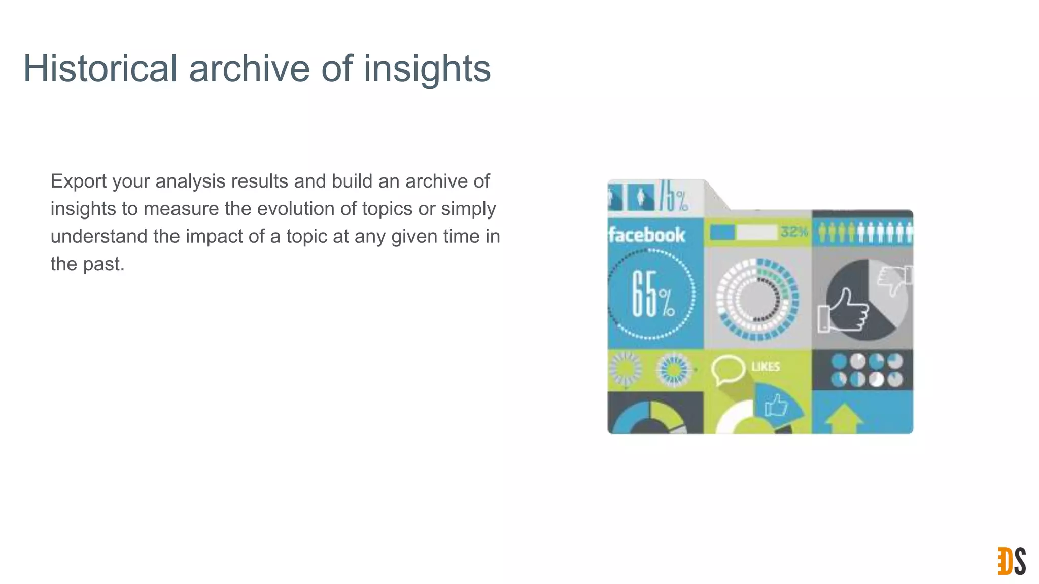 Historical archive of insights
Export your analysis results and build an archive of
insights to measure the evolution of topics or simply
understand the impact of a topic at any given time in
the past.
 