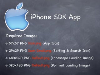 iPhone SDK App

Required Images
 57x57 PNG Icon.png (App Icon)

 29x29 PNG Icon-Small.png (Setting & Search Icon)

 480x320 PNG Default.png (Landscape Loading Image)

 320x480 PNG Default.png (Portrait Loading Image)
 