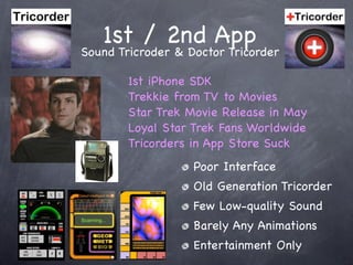 1st / 2nd App
Sound Tricroder & Doctor Tricorder

        1st iPhone SDK
        Trekkie from TV to Movies
        Star Trek Movie Release in May
        Loyal Star Trek Fans Worldwide
        Tricorders in App Store Suck
                   Poor Interface
                   Old Generation Tricorder
                   Few Low-quality Sound
                   Barely Any Animations
                   Entertainment Only
 