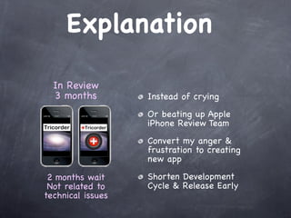 Explanation

  In Review
  3 months         Instead of crying
                   Or beating up Apple
                   iPhone Review Team
                   Convert my anger &
                   frustration to creating
                   new app

 2 months wait     Shorten Development
 Not related to    Cycle & Release Early
technical issues
 