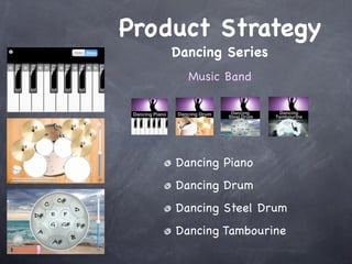 Product Strategy
    Dancing Series
      Music Band




    Dancing Piano
    Dancing Drum
    Dancing Steel Drum
    Dancing Tambourine
 
