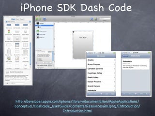 iPhone SDK Dash Code




http://developer.apple.com/iphone/library/documentation/AppleApplications/
Conceptual/Dashcode_UserGuide/Contents/Resources/en.lproj/Introduction/
                             Introduction.html
 