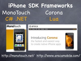iPhone SDK Frameworks
MonoTouch      Corona
 C# .NET        Lua




http://monotouch.net/ http://www.anscamobile.com/
 