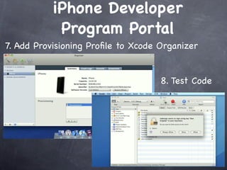 iPhone Developer
            Program Portal
7. Add Provisioning Proﬁle to Xcode Organizer


                                    8. Test Code
 