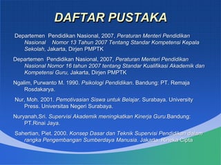 DAFTAR PUSTAKA
Departemen Pendidikan Nasional, 2007, Peraturan Menteri Pendidikan
Nasional Nomor 13 Tahun 2007 Tentang Standar Kompetensi Kepala
Sekolah, Jakarta, Dirjen PMPTK
Departemen Pendidikan Nasional, 2007, Peraturan Menteri Pendidikan
Nasional Nomor 16 tahun 2007 tentang Standar Kualifikasi Akademik dan
Kompetensi Guru, Jakarta, Dirjen PMPTK
Ngalim, Purwanto M. 1990. Psikologi Pendidikan. Bandung: PT. Remaja
Rosdakarya.
Nur, Moh. 2001. Pemotivasian Siswa untuk Belajar. Surabaya. University
Press. Universitas Negeri Surabaya.
Nuryanah,Sri. Supervisi Akademik meningkatkan Kinerja Guru.Bandung:
PT.Rinai Jaya.
Sahertian, Piet. 2000. Konsep Dasar dan Teknik Supervisi Pendidikan dalam
rangka Pengembangan Sumberdaya Manusia. Jakarta: Rineka Cipta
 