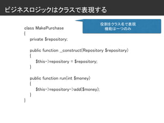 ビジネスロジックはクラスで表現する
class MakePurchase
{
private $repository;
public function __construct(Repository $repository)
{
$this->repository = $repository;
}
public function run(int $money)
{
$this->repository->add($money);
}
}
役割をクラス名で表現
機能は一つのみ
 