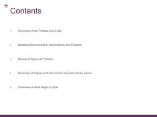 +
Contents
1. Overview of the Product Life Cycle
2. Detailed Documentation Descriptions and Purpose
3. Review & Approval P...