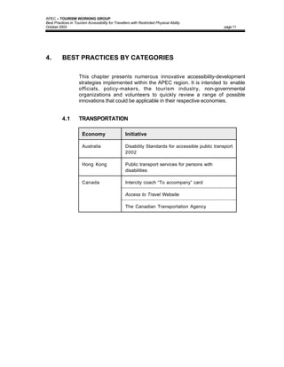 APEC – TOURISM WORKING GROUP
Best Practices in Tourism Accessibility for Travellers with Restricted Physical Ability
October 2003                                                                                      page 11




4.        BEST PRACTICES BY CATEGORIES

                     This chapter presents numerous innovative accessibility-development
                     strategies implemented within the APEC region. It is intended to enable
                     officials, policy-makers, the tourism industry, non-governmental
                     organizations and volunteers to quickly review a range of possible
                     innovations that could be applicable in their respective economies.


          4.1        TRANSPORTATION

                       Economy                     Initiative

                       Australia                   Disability Standards for accessible public transport
                                                   2002

                       Hong Kong                   Public transport services for persons with
                                                   disabilities

                       Canada                      Intercity coach “To accompany” card

                                                   Access to Travel Website

                                                   The Canadian Transportation Agency
 
