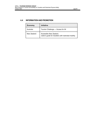 APEC – TOURISM WORKING GROUP
Best Practices in Tourism Accessibility for Travellers with Restricted Physical Ability
October 2003                                                                                           page 58




          4.4        INFORMATION AND PROMOTION

                       Economy                     Initiative

                       Australia                   Tourism Challenge — Access for All

                       New Zealand                 Accessible New Zealand,
                                                   visitor’s guide for travellers with restricted mobility
 