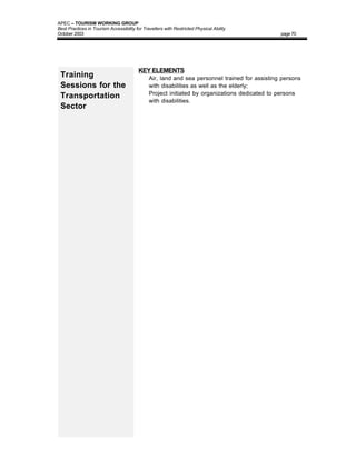 APEC – TOURISM WORKING GROUP
Best Practices in Tourism Accessibility for Travellers with Restricted Physical Ability
October 2003                                                                                    page 70




                                         KEY ELEMENTS
 Training                                •     Air, land and sea personnel trained for assisting persons
 Sessions for the                              with disabilities as well as the elderly;
                                               Project initiated by organizations dedicated to persons
 Transportation                          •
                                               with disabilities.
 Sector
 