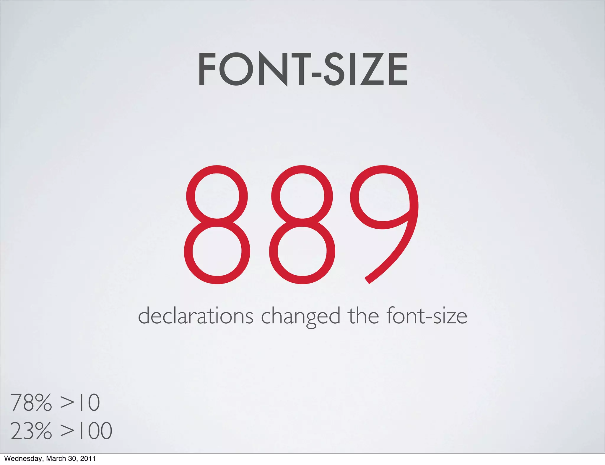 FONT-SIZE



                               889
                            declarations changed the font-size


 78% >10
 23% >100
Wednesday, March 30, 2011
 