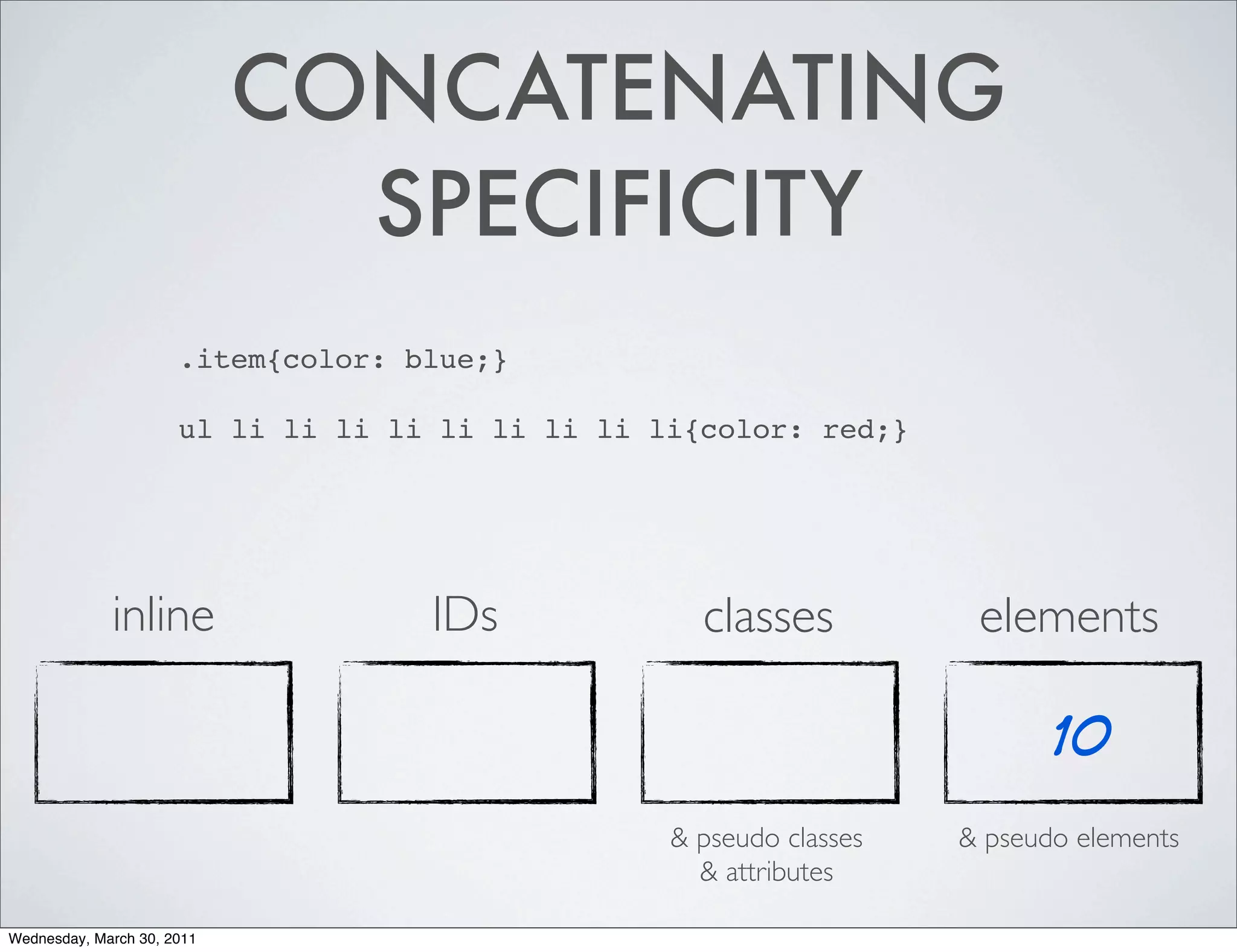 CONCATENATING
                              SPECIFICITY
                      .item{color: blue;}

                      ul li li li li li li li li li{color: red;}




             inline                 IDs             classes           elements

                                                                            10
                                                  & pseudo classes   & pseudo elements
                                                    & attributes

Wednesday, March 30, 2011
 