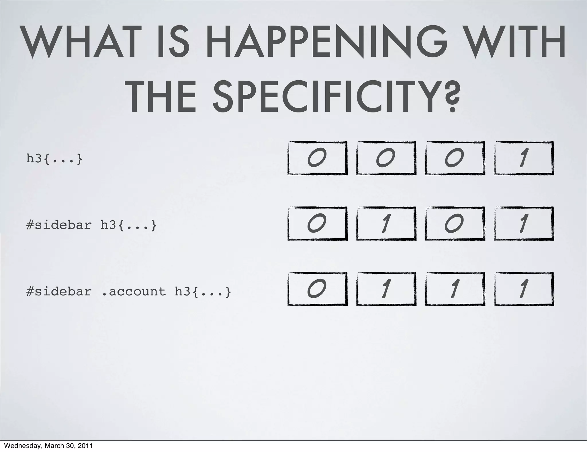 WHAT IS HAPPENING WITH
       THE SPECIFICITY?
      h3{...}                     0   0   0   1

      #sidebar h3{...}            0   1   0   1

      #sidebar .account h3{...}   0   1   1   1




Wednesday, March 30, 2011
 