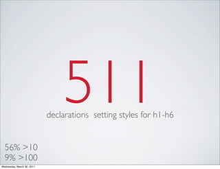 511
declarations setting styles for h1-h6
56% >10
9% >100
Wednesday, March 30, 2011