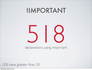 !IMPORTANT
518
declarations using important
12% have greater than 50
Wednesday, March 30, 2011