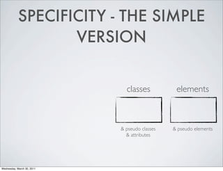 SPECIFICITY - THE SIMPLE
VERSION
classes elements
& pseudo classes & pseudo elements
& attributes
Wednesday, March 30, 2011