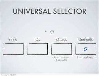 UNIVERSAL SELECTOR
* {}
inline IDs classes elements
0
& pseudo classes & pseudo elements
& attributes
Wednesday, March 30, 2011