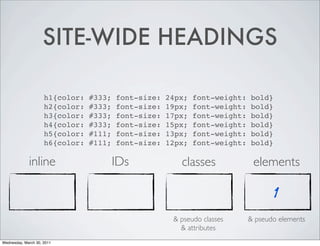 SITE-WIDE HEADINGS
h1{color: #333; font-size: 24px; font-weight: bold}
h2{color: #333; font-size: 19px; font-weight: bold}
h3{color: #333; font-size: 17px; font-weight: bold}
h4{color: #333; font-size: 15px; font-weight: bold}
h5{color: #111; font-size: 13px; font-weight: bold}
h6{color: #111; font-size: 12px; font-weight: bold}
inline IDs classes elements
1
& pseudo classes & pseudo elements
& attributes
Wednesday, March 30, 2011