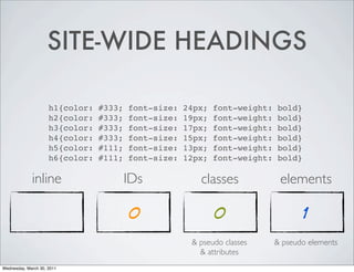SITE-WIDE HEADINGS
h1{color: #333; font-size: 24px; font-weight: bold}
h2{color: #333; font-size: 19px; font-weight: bold}
h3{color: #333; font-size: 17px; font-weight: bold}
h4{color: #333; font-size: 15px; font-weight: bold}
h5{color: #111; font-size: 13px; font-weight: bold}
h6{color: #111; font-size: 12px; font-weight: bold}
inline IDs classes elements
0 0 1
& pseudo classes & pseudo elements
& attributes
Wednesday, March 30, 2011